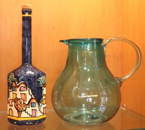 Hand Painted Italian Ceramic Bottle With Green Glass Pitcher