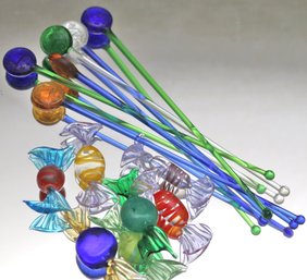 An Assortment Of 8 Colorful Art Glass Stirrers And 7 Murano Glass Candies.