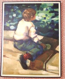Vintage Portrait Painting Of A Young Boy In Frame Signed By Eli Barnes