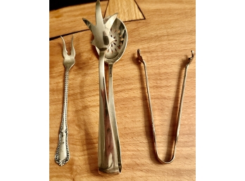 STERLING SILVER 3 MIXED SERVING PIECES INCLUDE GORHAM ICE CUBE TONGS, SUGAR CUBE TONGS AND OLIVE / CHEESE FORK