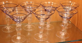 Set Of 7 Hand Crafted Martini Glasses With Blue Glass Swirl