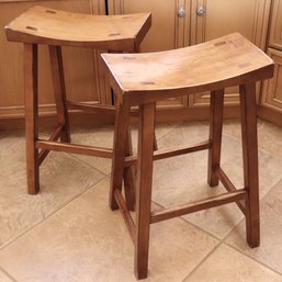 Pair Of Pottery Barn Wooden Stools With Curved Seats  18 X 9 X 27.