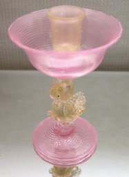Highly Collectable, Murano Pink Swirl Candle Stick With Gold Fleck Swan.
