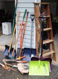 Large Lot Of Outdoor Tools Including Winter Shovels, Rake, Clippers & More