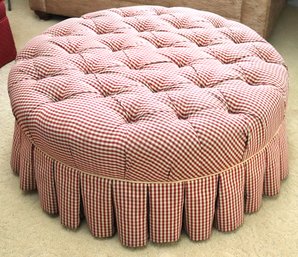 Large Stylish Round Upholstered Tufted Ottoman Checkered/striped Linen Fabric