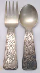 Tiffany & Co. Sterling Silver Baby Spoon &fork With Teddy Bear & ABC