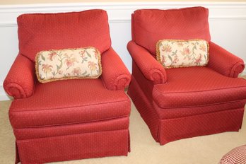 Pair Of Skirted Ethan Allen Upholstered Armchairs In A Classic Red Tone Includes Decorative Throw Pillows