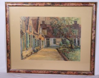Vintage Watercolor Of Dutch Houses And Courtyard, Signed By Artist.