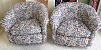 Pair Of Vintage Custom-made Swivel Tub Chairs With Tapestry Leaf  Fabric.