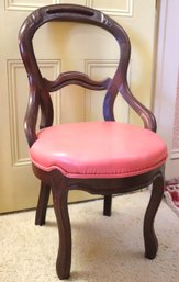 Antique Victorian Style Mahogany Carved Wood Side Chair With A Custom Pink Vinyl Upholstered Seat