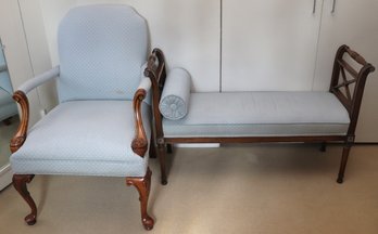 Vintage French Style Wood Bench And Chair With Custom Upholstery