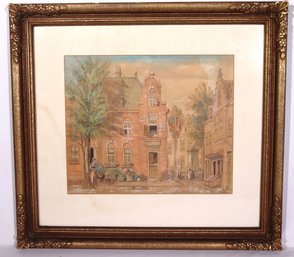 Chalk Pastel Drawing Of Dutch Street Scene With Houses And Vegetable Vendors.
