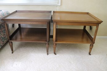 Pair Wooden Side Tables With Shelf And Brass Starburst Design On  Edge