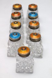 Lot Of 11 Cut Glass Salts With Enameled Sterling Tops