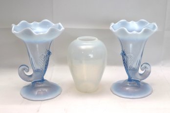 Two Blue Opaline Glass Cornucopias & Silvestri Modern Art Glass Vase