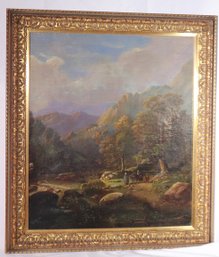 Antique Oil On Canvas Landscape Of European Mountains, Valley And Stream.