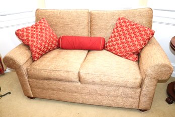 Cute Little Ethan Allen Loveseat With Decorative Throw Pillows & Custom Down Filled Pillows, Quality Text