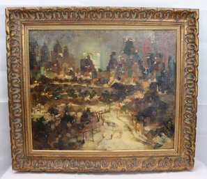 Post Impressionist Oil Painting Of Cityscape With Park In The Foreground Signed Malone