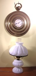 Vintage Wind-up Brass Wall Clock Decor And Milk Glass Melon Style Oil Lamp Conversion