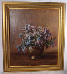 Signed Oil Painting On Canvas Of Lilacs In Golden Bowl Dated 1912.