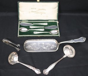 Elkington Plate Serving Pieces With Cases, Gorham Sugar Tongs, Heritage And Rogers Ladles, Engraved Piece Dat