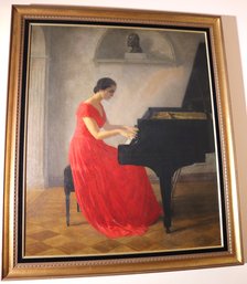 Large Antique Oil By Feodor I. Zakharov Canvas Of Woman In Long Red Dress Playing The Piano