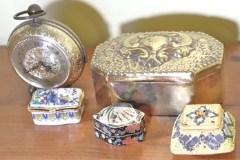 Decorative Miniatures Include An Embossed Brass Box, Wind-up Clock By Bradley Time Corp. And Trinket Boxes
