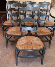 Set Of 6 Green Painted Ladderback Chairs With Raffia Seats.