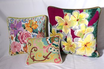 Lot Of 3 Petit Needlepoint Pillows With Bright Colorful Flowers.