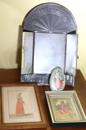 Antique Framed Christmas Greetings Card, Costume Parisien Print And Punched Tin Mexican Folk-art Mirror