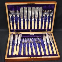 Vintage Engraved R.C. Oldfield Fish Set With Bone Handles And Monogram, Church Street Liver Pool With Case