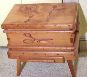 Vintage Hand Carved/pegged Pine Wood Sewing Box With Fine Etched Spinning Wheel And Carved Sewing Shear Accent