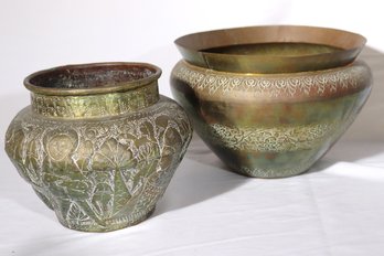 Two Embossed Metal Planters Or Vases With A Mid-East Flair.