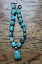 Midwestern Sterling 925 Turquoise Chunky Beaded Necklace & Pendant