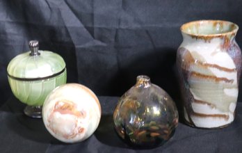 Includes A Pottery Vase Signed By Fisher, Glass Art, Candy Dish And Polished Stone Decor As Pictured