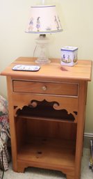 Single Drawer American Classical Fruitwood Style Night Stand With Quimper Style Dcor And Glass Oil Lamp