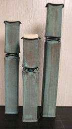 Set Of 3 Patinated Copper Art Candlesticks Ranging In Size 14 - 21 Inches