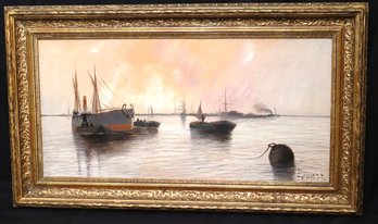 Vintage Maritime Painting On Canvas Signed By Artist E. Knight In A Gilded Carved Wood Frame