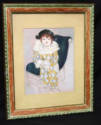 Vintage Pablo Picasso Style Reproduction Harlequin Pastel/print In A Distressed Finish Wood Frame