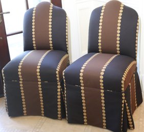 Pair Of Fine Skirted Parson Dining Chairs With Custom Ebony And Brown With Gold Polka Dot Accents/Linen Fabric
