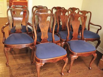 Set Of 10 Antique Council Queen Anne Walnut Veneer Dining Chairs From JP Interiors, Splat Back W Ornate Carved