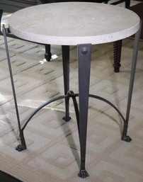 Round Modern French Style Raw Travertine Accent/Side Table With Iron Base And Claw Feet