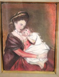 Antique Framed Pastel Portrait Of Mother Comforting Her Child