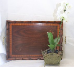 Maitland Smith Bamboo Style Wood Serving Tray Includes A Decorative Pierced Metal Basket With Orchid Flowers