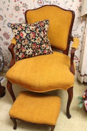 Vintage French Style Mahogany Armchair Upholstered By Leo Glanz In A Classic Golden Yellow Fabric W Foot Stool