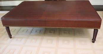 Large Custom Woven Leather Ottoman With Barley Twist Legs And Nail Head Accents, Quality Craftsmanship!