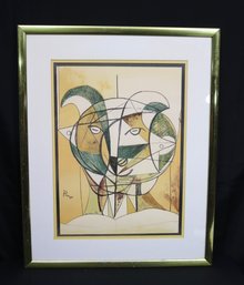 After Picasso Style Taurus The Bull Color Print In Gold Metal Frame.