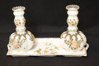 Pair Of Vintage Fenton Glass Floral Hand Painted Perfume Bottles And Tray
