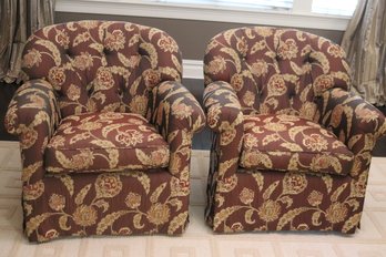Pair Of Custom Tufted Swivel Chairs With Rolled Arms And Multi Toned Floral Fabric By Leggett And Platt