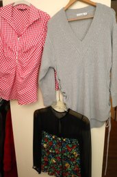 Rag And Bone V Neck Sweater XS, Lafayette 148 NY Checkered Blouse Size 8 And Black Sequin Floral Blouse Si